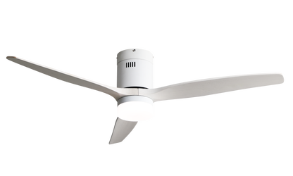 Ventilador de techo LED Aguilon blanco de Abrila modelo 128291301 con 20W, motor DC eficiente, 6 velocidades regulables, temporizador y luz LED integrada para interiores domésticos.