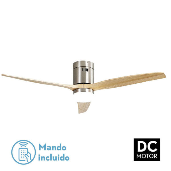 Ventilador de techo Aguilon en níquel y haya de Abrila, modelo 128291342 con motor DC de 20W, 6 velocidades, luz LED integrada regulable, temporizador y control remoto para interior doméstico