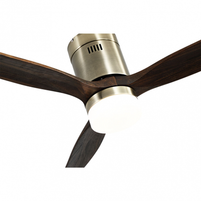 Ventilador de techo Aguilon en cuero roble de Abrila, modelo 20W con motor DC eficiente, 6 velocidades ajustables, luz LED integrada regulable y control AI2 para interior doméstico, referencia 128291364