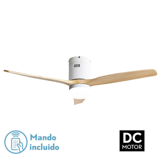 `alt=Ventilador de Techo Aguilón Blanco/Haya de 132cm | Abrila con Motor DC, 6 Velocidades y LED Integrado`