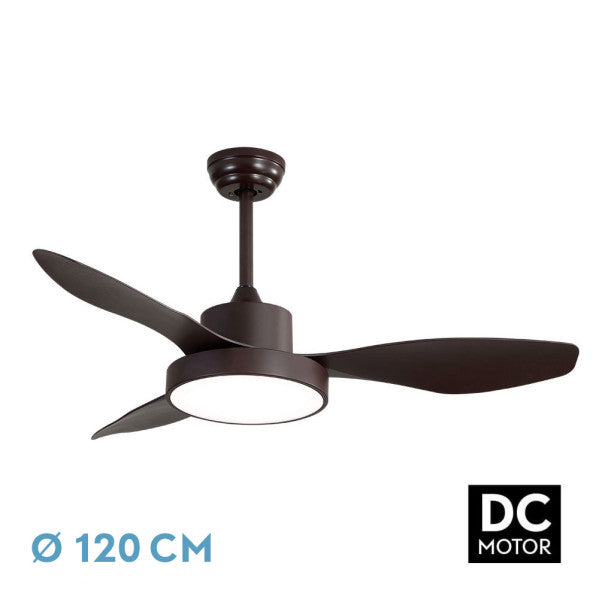 Ventilador de techo Hayate 48W en color marrón de Abrila, modelo 128591302 con motor DC inverter AI2, LED integrado, función reversible para verano e invierno, ideal para uso doméstico e interior