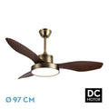 Ventilador de techo Hayate 24W Cuero/Roble moderno de Abrila, con diseño elegante en metal y policarbonato, iluminación LED integrada, motor DC eficiente y control remoto con temporizador. Ideal para interiores domésticos, perfecto para decorar y ventilar de manera eficiente cualquier estancia.