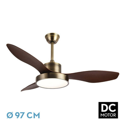 Ventilador de techo Hayate 24W Cuero/Roble moderno de Abrila, con diseño elegante en metal y policarbonato, iluminación LED integrada, motor DC eficiente y control remoto con temporizador. Ideal para interiores domésticos, perfecto para decorar y ventilar de manera eficiente cualquier estancia.