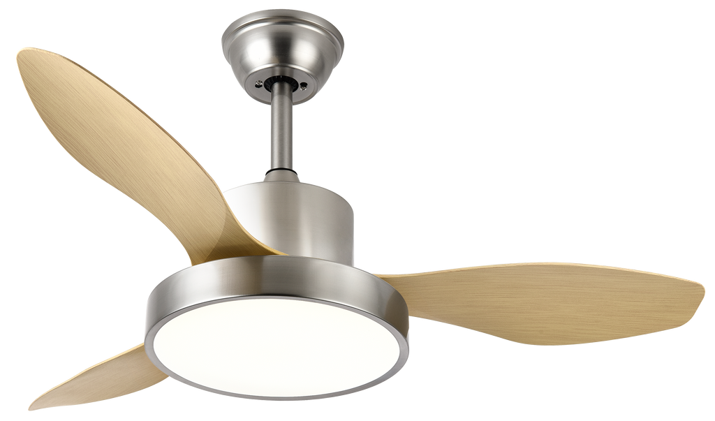 Alt Text: Ventilador de techo Hayate 24W LED con acabado en Níquel/Haya, modelo Abrila 128599342. Diseño moderno para interiores domésticos con motor DC eficiente y ahorro energético. Incluye control remoto con 6 velocidades ajustables y luminaria LED integrada. Ideal para salas y espacios interiores.