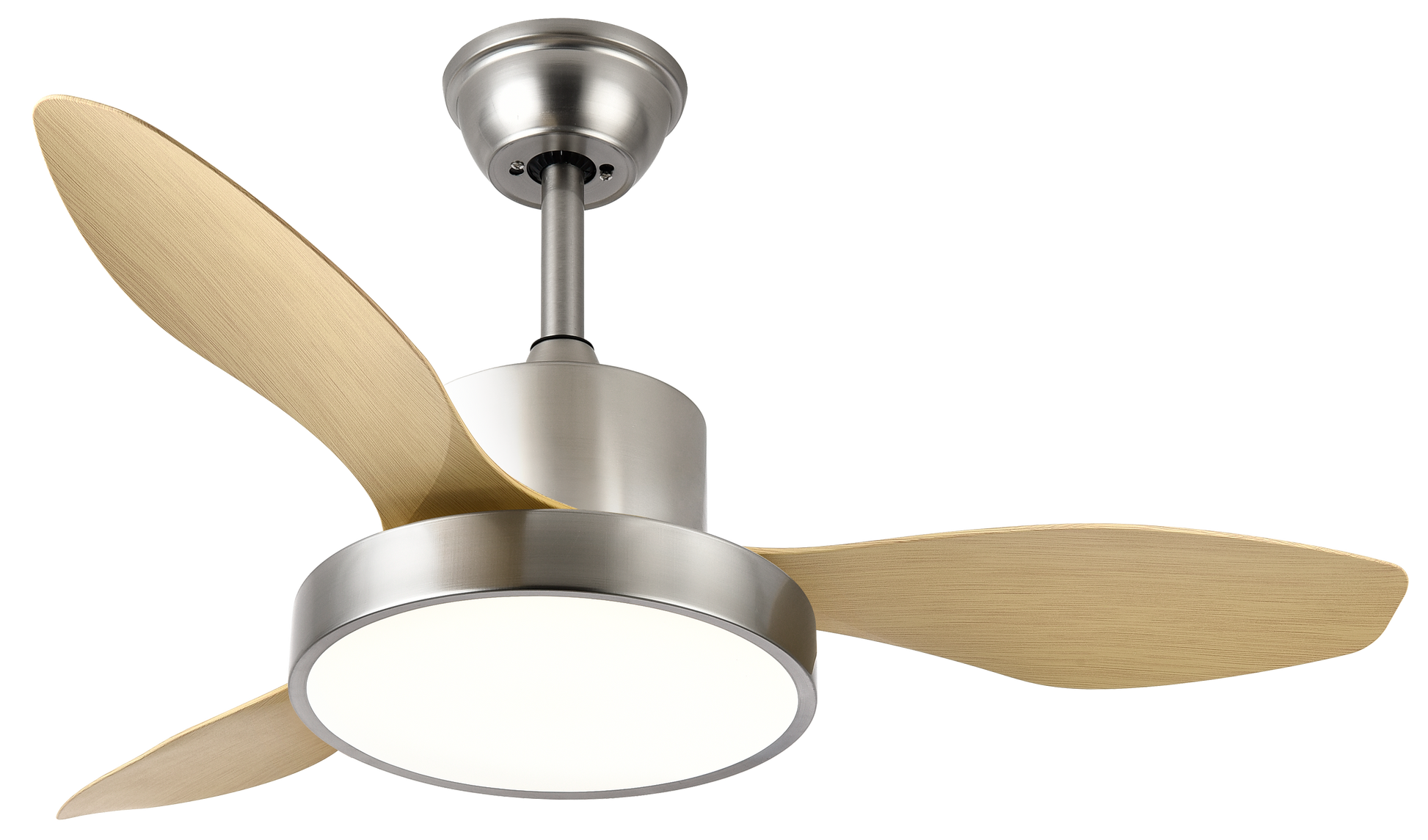 Alt Text: Ventilador de techo Hayate 24W LED con acabado en Níquel/Haya, modelo Abrila 128599342. Diseño moderno para interiores domésticos con motor DC eficiente y ahorro energético. Incluye control remoto con 6 velocidades ajustables y luminaria LED integrada. Ideal para salas y espacios interiores.