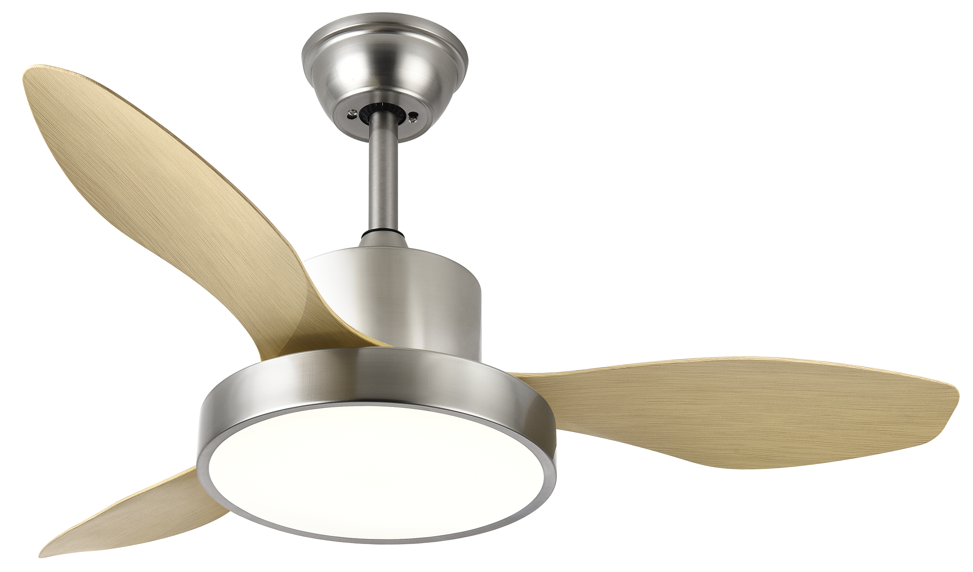 Alt Text: Ventilador de techo Hayate 24W LED con acabado en Níquel/Haya, modelo Abrila 128599342. Diseño moderno para interiores domésticos con motor DC eficiente y ahorro energético. Incluye control remoto con 6 velocidades ajustables y luminaria LED integrada. Ideal para salas y espacios interiores.