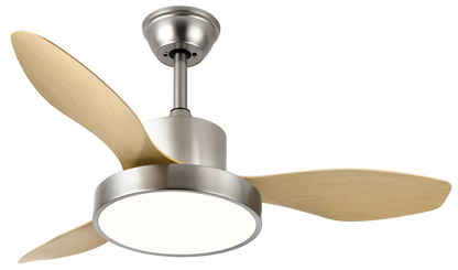 Alt Text: Ventilador de techo Hayate 24W LED con acabado en Níquel/Haya, modelo Abrila 128599342. Diseño moderno para interiores domésticos con motor DC eficiente y ahorro energético. Incluye control remoto con 6 velocidades ajustables y luminaria LED integrada. Ideal para salas y espacios interiores.