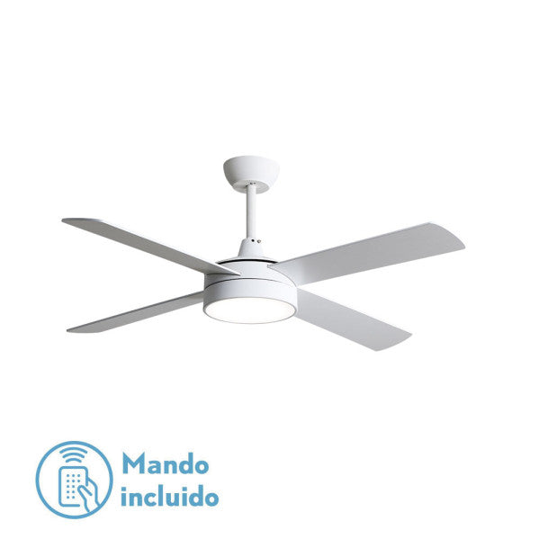 Ventilador de techo Nevery 26W blanco con LED integrado, motor DC eficiente y control remoto, modelo Abrila 128791468 para interiores domésticos con aspas reversibles en haya y temporizador.