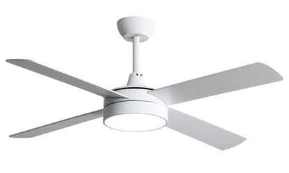 Ventilador de techo Nevery 26W blanco de Abrila con motor DC, aspas reversibles de haya, LED integrado, control remoto y temporizador para uso doméstico interior.