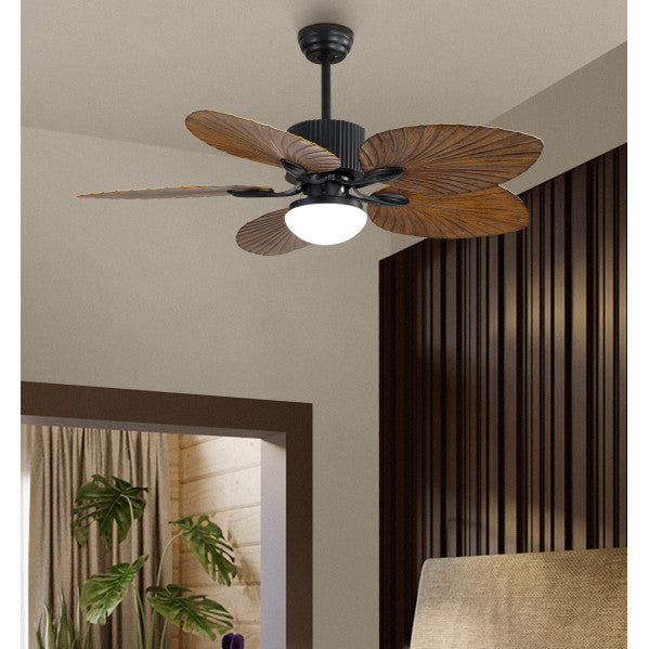 Ventilador de techo Colla DC 26W negro y marrón de 132 cm con aspas tropicales, motor DC eficiente en ahorro energético, LED integrado, mando a distancia y temporizador, modelo Abrila 128891502 para interiores domésticos.