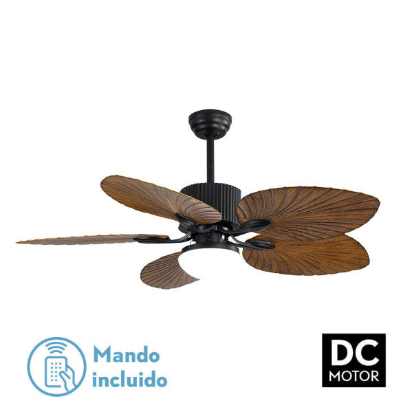 Ventilador de techo Colla DC 26W en negro y marrón, diámetro 132 cm de Abrila modelo 128891502 con motor DC eficiente para ahorro energético, aspas tropicales, LED integrado, mando remoto y temporizador para uso doméstico interior