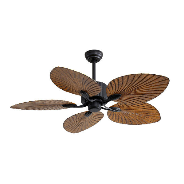Ventilador de techo Colla DC 26W en negro y marrón con aspas tropicales de 132 cm, modelo Abrila 128891502, motor DC eficiente para ahorro energético, LED integrado, mando a distancia, temporizador y diseño AI2 para interiores domésticos.