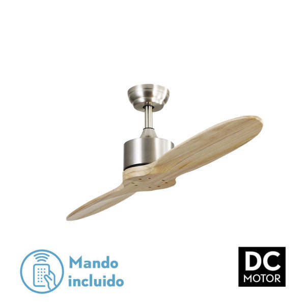 Ventilador de techo Leste en níquel y haya sin luz de Abrila, modelo 128990242 con 5 velocidades y motor DC silencioso para interiores domésticos, diseño moderno en metal y madera.