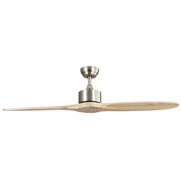 Ventilador de techo Leste en níquel y haya sin luz integrada, modelo Abrila 128990242 con motor DC eficiente, 5 velocidades ajustables y diseño en metal y madera para interiores domésticos.