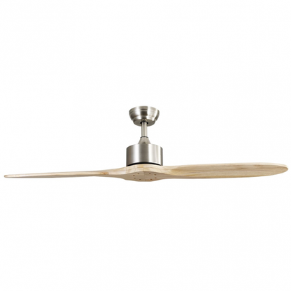 Ventilador de techo Leste en níquel y haya sin luz integrada, modelo Abrila 128990242 con motor DC eficiente, 5 velocidades ajustables y diseño en metal y madera para interiores domésticos.