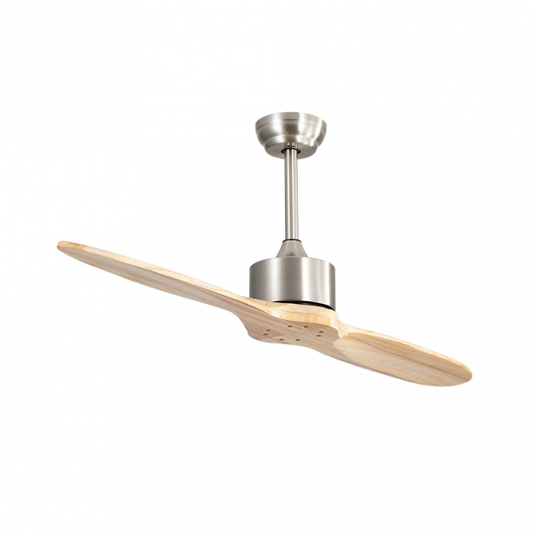 Ventilador de techo Leste en níquel y haya sin luz integrada, modelo Abrila 128990242 con motor DC eficiente, 5 velocidades ajustables y diseño en metal y madera para interiores domésticos.