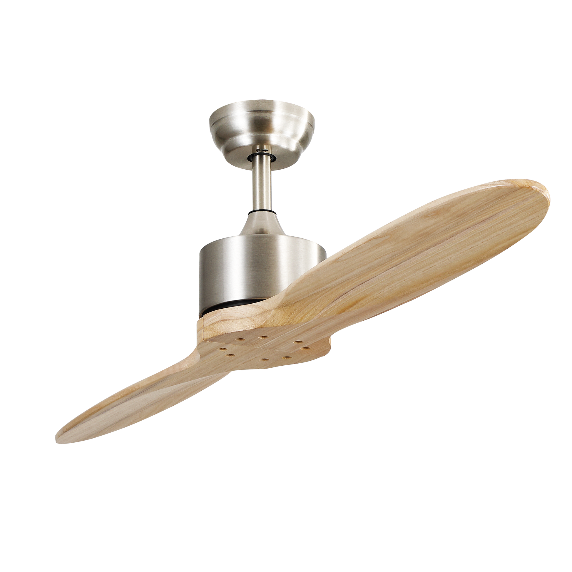 Ventilador de techo Leste en níquel y haya sin luz integrada, modelo Abrila 128990242 con motor DC eficiente, 5 velocidades ajustables y diseño en metal y madera para interiores domésticos.