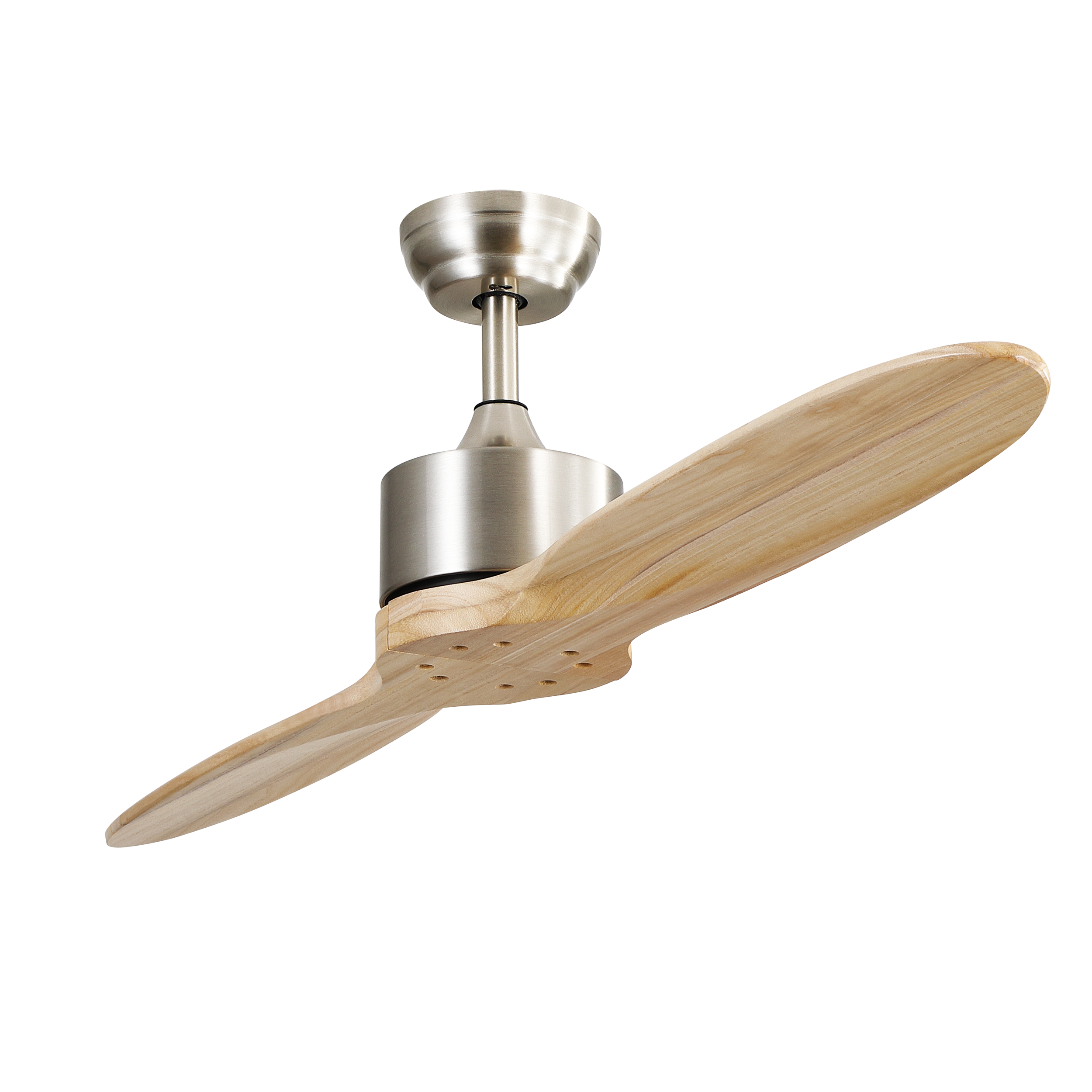 Ventilador de techo Leste en níquel y haya sin luz integrada, modelo Abrila 128990242 con motor DC eficiente, 5 velocidades ajustables y diseño en metal y madera para interiores domésticos.