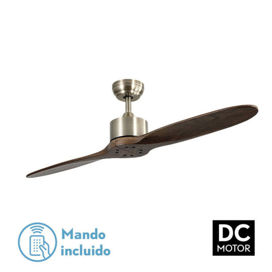 Ventilador de techo Leste Cuero Roble sin luz de Abrila, modelo 128990264 con aspas de 132 cm en metal y madera, motor DC silencioso para interiores domésticos, control remoto incluido