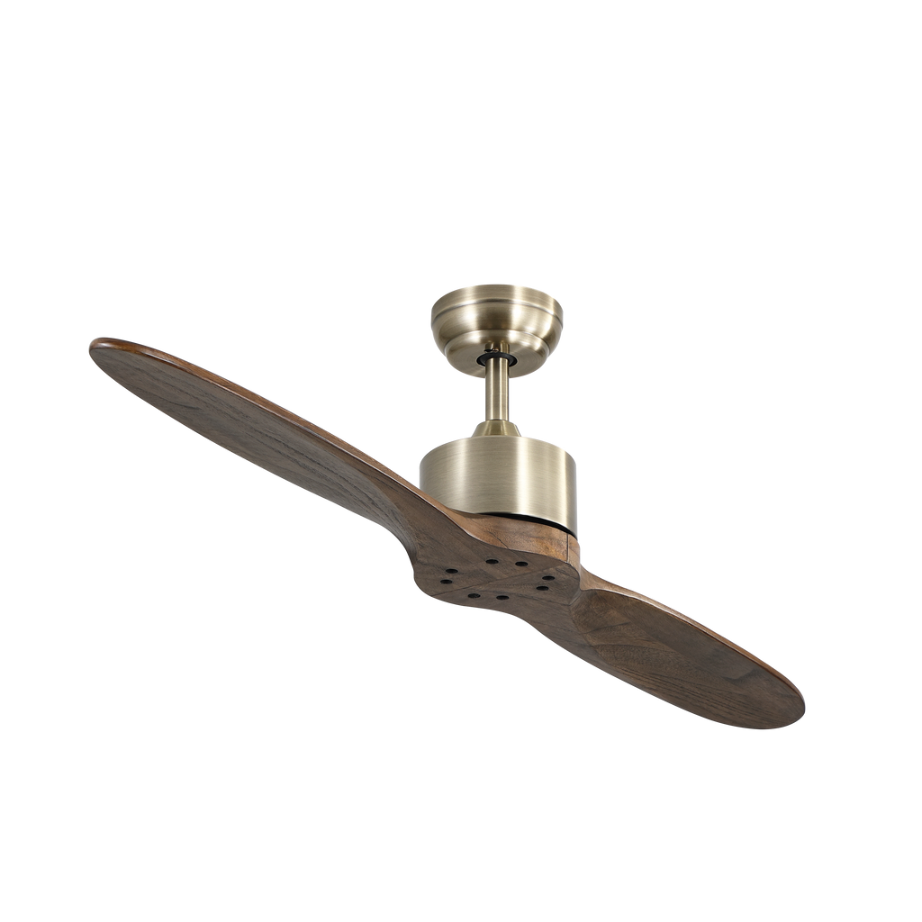 Ventilador de techo Leste Cuero Roble sin luz de Abrila modelo 128990264, diseño moderno en metal y madera de 132 cm, motor DC silencioso con control remoto para interiores domésticos.