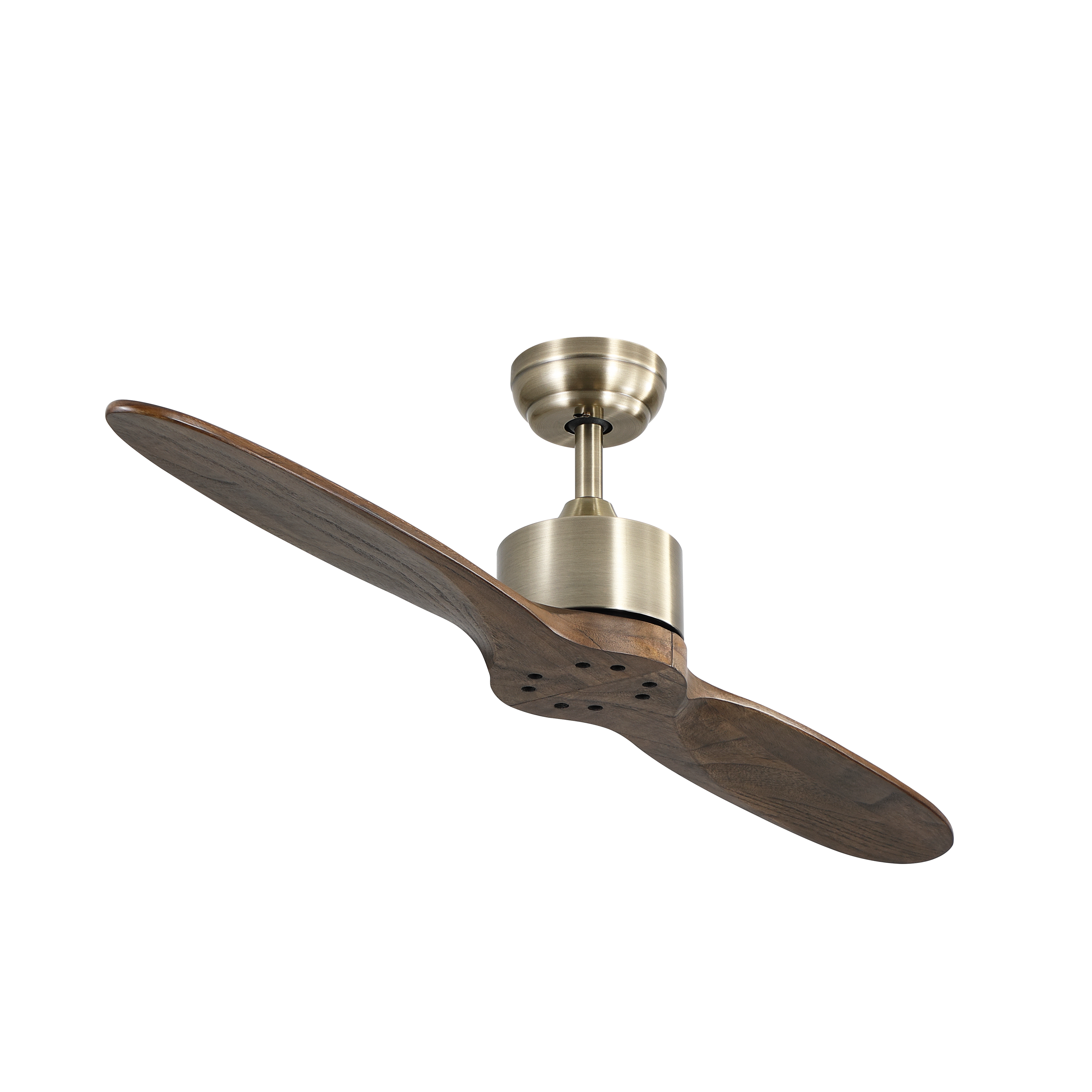 Ventilador de techo Leste Cuero Roble sin luz de Abrila modelo 128990264, diseño moderno en metal y madera de 132 cm, motor DC silencioso con control remoto para interiores domésticos.