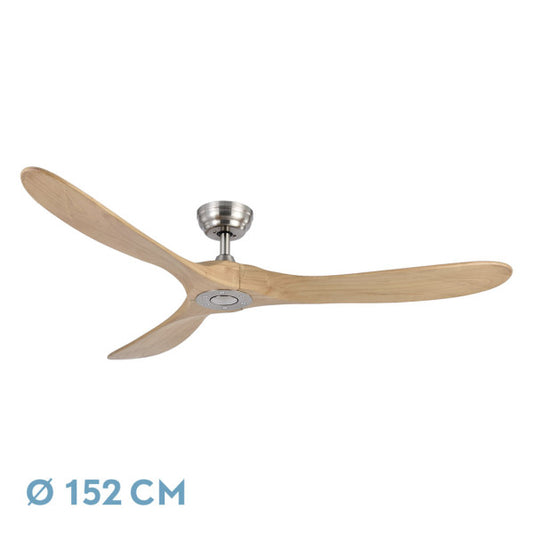 Ventilador de techo DC Marin en níquel y haya de 152 cm de Abrila, modelo 129090342 con 6 velocidades, motor DC eficiente, mando a distancia, temporizador y diseño en metal y madera para interiores domésticos.
