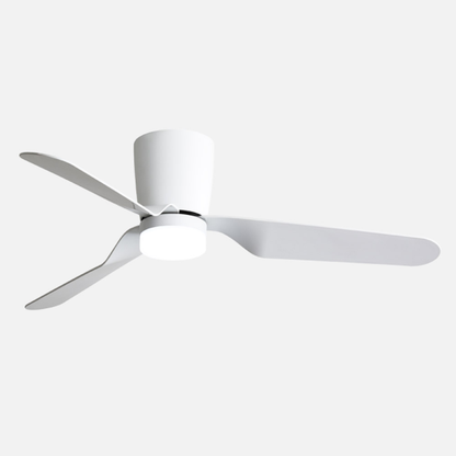 Ventilador de techo Kochi blanco 18W DC de Abrila modelo 129191301 con LED integrado regulable, motor DC eficiente, 6 velocidades y control AI2 para interiores domésticos.