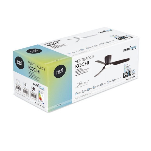 Ventilador de techo Kochi 18W DC marrón de Abrila, modelo 129191302 con 132 cm de diámetro, 6 velocidades, motor DC eficiente, luz LED integrada, mando a distancia, temporizador y diseño ideal para interiores domésticos.