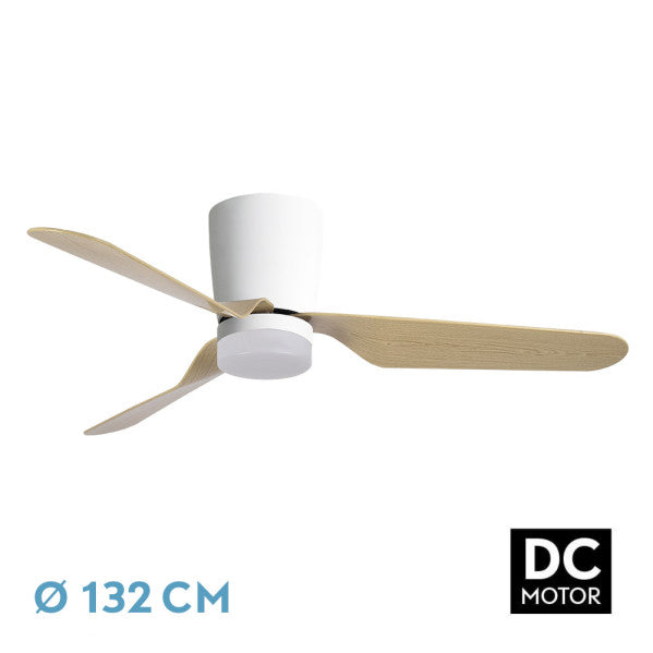 Ventilador de techo Kochi blanco y haya de 132 cm con LED integrado, motor DC, 6 velocidades y diseño en metal, MDF y policarbonato para interior doméstico - Abrila modelo 129191368