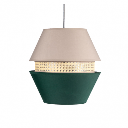 Colgante Trajano 3 Pantallas en Verde y Beige de Abrila (130391006), lámpara colgante moderna con diseño textil para iluminación difusa en interiores domésticos.