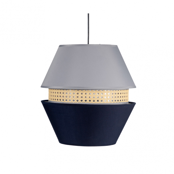 Lámpara colgante moderna Trajano de 3 pantallas en azul y gris de Abrila, diseño textil para iluminación interior y decoración doméstica, modelo 130391008