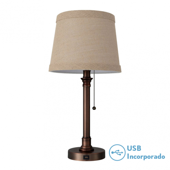 Lámpara de sobremesa Big Ben en marrón de Abrila, diseño metálico con puerto USB y pantalla textil, dimensiones 50x26x26 cm, ideal para decoración de interiores domésticos.