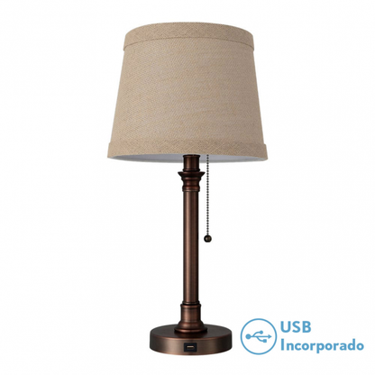 Lámpara de sobremesa Big Ben en marrón de Abrila, diseño metálico con puerto USB y pantalla textil, dimensiones 50x26x26 cm, ideal para decoración de interiores domésticos.