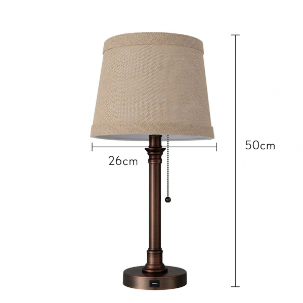 Lámpara de sobremesa Big Ben en color marrón de Abrila, diseño metálico con puerto USB integrado y pantalla textil, dimensiones 50x26x26 cm, ideal para decoración de interiores domésticos, modelo 130671002.