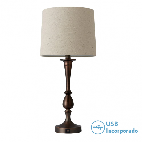 Lámpara de sobremesa Khalifa en color marrón, modelo Abrila 130871002, con diseño de metal y textil, dimensiones 60.5x28x28 cm, ideal para decoración interior doméstica, incluye puerto USB para carga.