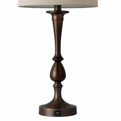 Lámpara de sobremesa Khalifa en color marrón de Abrila, diseño moderno en metal con pantalla textil, dimensiones 60.5x28x28 cm, incluye puerto USB, ideal para decoración interior doméstica, modelo 130871002.