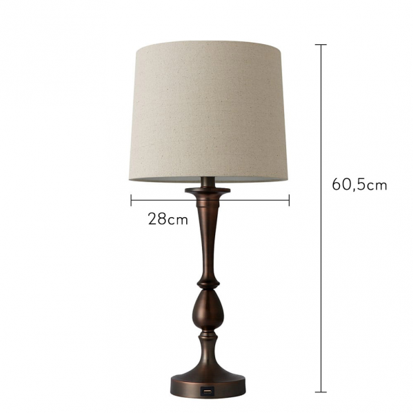Lámpara de sobremesa Khalifa en color marrón de Abrila, modelo 130871002, dimensiones 60.5x28x28 cm, fabricada en metal con pantalla textil, incluye puerto USB, ideal para decoración interior doméstica moderna.