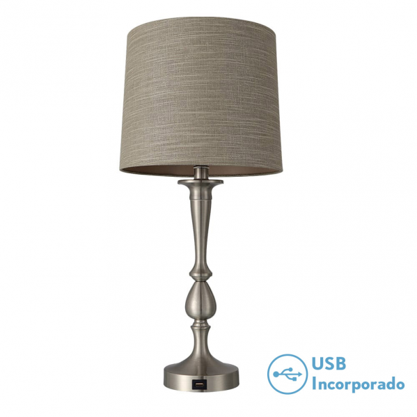 Lámpara de sobremesa Khalifa en níquel mate con puerto USB integrado, diseño moderno de Abrila para decoración interior doméstica, base metálica y pantalla textil, modelo 130871003, iluminación elegante para hogar.