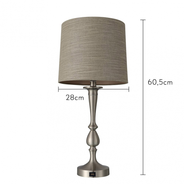 Lámpara de sobremesa Khalifa en níquel con puerto USB integrado, diseño moderno de Abrila para decoración interior doméstica, base metálica y pantalla textil, modelo 130871003.