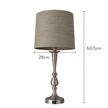 Lámpara de sobremesa Khalifa en níquel con puerto USB integrado, diseño moderno de Abrila para decoración interior doméstica, base metálica y pantalla textil, modelo 130871003.
