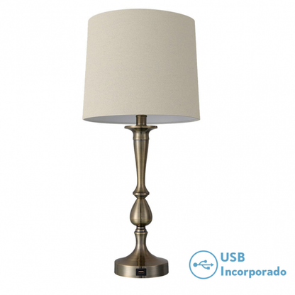 Lámpara sobremesa Khalifa de Abrila en cuero genuino, diseño elegante de 60.5x28x28 cm con base de metal, pantalla textil y puerto USB integrado para decoración interior doméstica moderna.