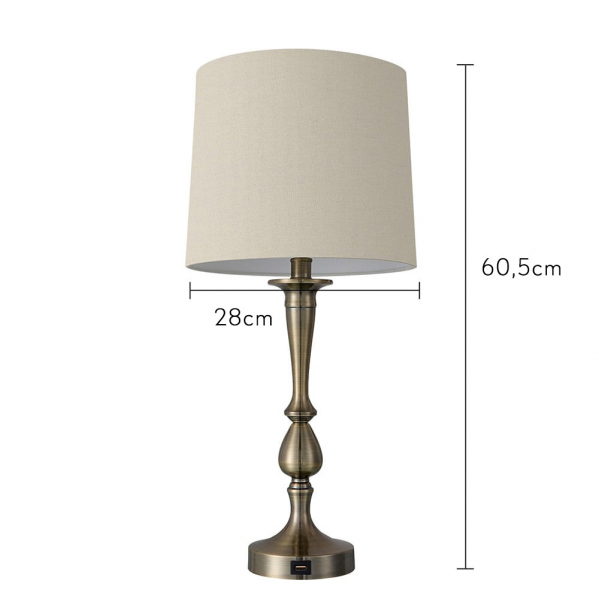 Lámpara de sobremesa Khalifa de Abrila en cuero genuino, diseño moderno con base de metal y pantalla textil, dimensiones 60.5x28x28 cm, incluye puerto USB para carga, ideal para decoración interior doméstica.