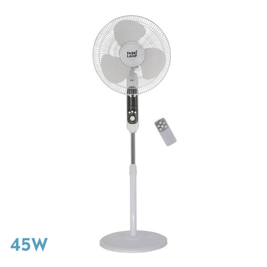 Ventilador de pie Calma Blanco 45W de Abrila modelo 133541001 con 3 velocidades, altura regulable, control remoto, temporizador y diseño doméstico para interiores