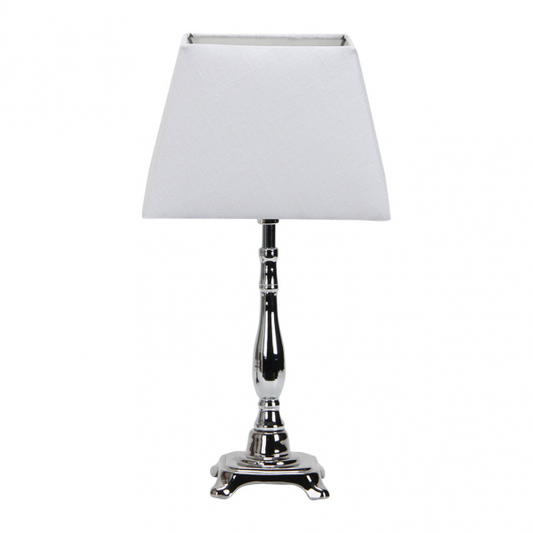Lámpara de sobremesa Ciclido en cromo con pantalla blanca textil, diseño clásico de metal para decoración interior doméstica, modelo Abrila 134071020, dimensiones 38x20x20 cm, casquillo E27.