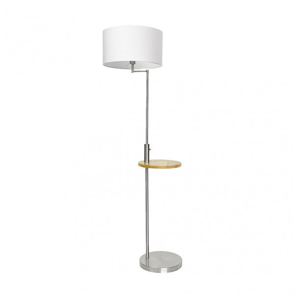 Lámpara de pie Sirio moderna con mesa integrada y puerto USB en acabado cromo y blanco de Abrila, ideal para decoración interior de salón, bombilla E27 y tela textil, modelo 135141020.