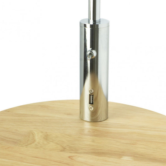 Lámpara de pie Sirio con mesa integrada y puerto USB en acabado cromo y blanco, modelo Abrila 135141020, diseño moderno para salón con bombilla E27 y cable textil.