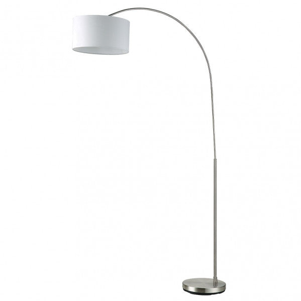 Lámpara de pie Polux en níquel satinado con pantalla blanca textil, diseño moderno de Abrila para iluminación interior doméstica en salón, estilo contemporáneo en metal níquel y blanco, modelo 135241003.