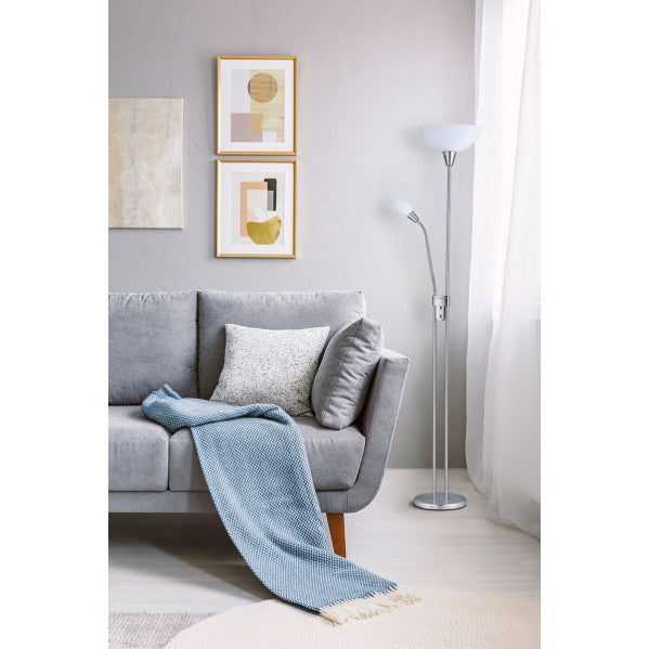 Pie de salón Deneb con lector de níquel de Abrila, modelo 135642003, altura 180 cm, diseño moderno en metal y cristal para iluminación interior y lectura en salón doméstico.