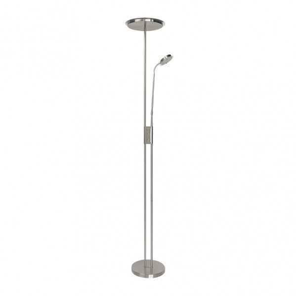 Lámpara de pie Antares en níquel satinado, modelo Abrila 135742003 con 20W+7W LED regulable a 4000K luz blanca natural, diseño moderno para iluminación doméstica en salón interior, ideal para lectura y decoración minimalista.