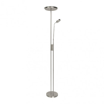Lámpara de pie Antares en níquel satinado, modelo Abrila 135742003 con 20W+7W LED regulable a 4000K luz blanca natural, diseño moderno para iluminación doméstica en salón interior, ideal para lectura y decoración minimalista.